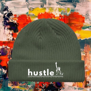 My Store H2Elite Fisherman Beanie in olive green with white Hustle graphic and Statue of Liberty icon.