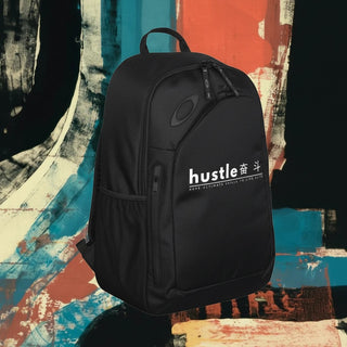 My Store H2Elite 22L Method 360 Ellipse black backpack with white hustle graphic against an abstract colorful background