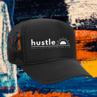 My Store H2Elite OTTO 5-panel black trucker hat with mesh back, rope detail, and white Hustle graphic on foam front.