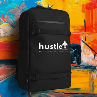 My Store H2Elite recycled black backpack with white hustle graphic, utility straps, and YKK zip against abstract art.