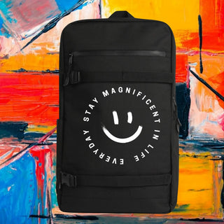 My Store H2Elite recycled black backpack with front utility straps and Stay Magnificent In Life Everyday smiley graphic