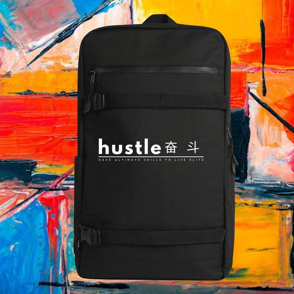 My Store H2Elite recycled black backpack with front utility straps and white hustle graphic against abstract background