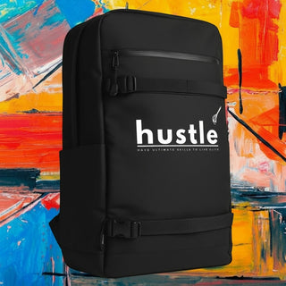 My Store H2Elite recycled black backpack with front board straps, YKK zip pocket, and white hustle graphic print.