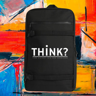 My Store H2Elite recycled black backpack with front utility straps and white THINK graphic against abstract background.