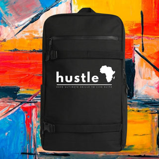 My Store H2Elite recycled black backpack with front board straps, YKK zip pocket, and white Hustle graphic print.