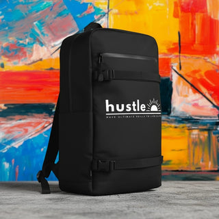 My Store H2Elite recycled strap backpack in black with front utility straps and white hustle graphic against abstract art