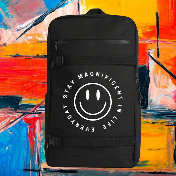 My Store H2Elite recycled black backpack with white smiley face graphic, front board straps, and YKK zip pocket.
