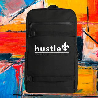 My Store H2Elite recycled black backpack with front board straps, YKK zip pocket, and white Hustle graphic print.