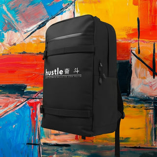 My Store H2Elite recycled black backpack with front utility straps and white hustle graphic against abstract background
