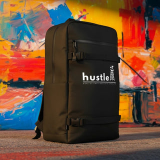 My Store H2Elite recycled strap backpack in black with front utility straps and white hustle graphic print.