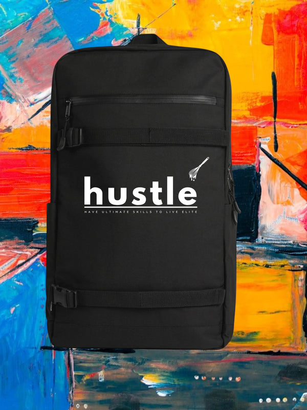 My Store black H2Elite recycled strap backpack with front board straps and white Hustle graphic against abstract art