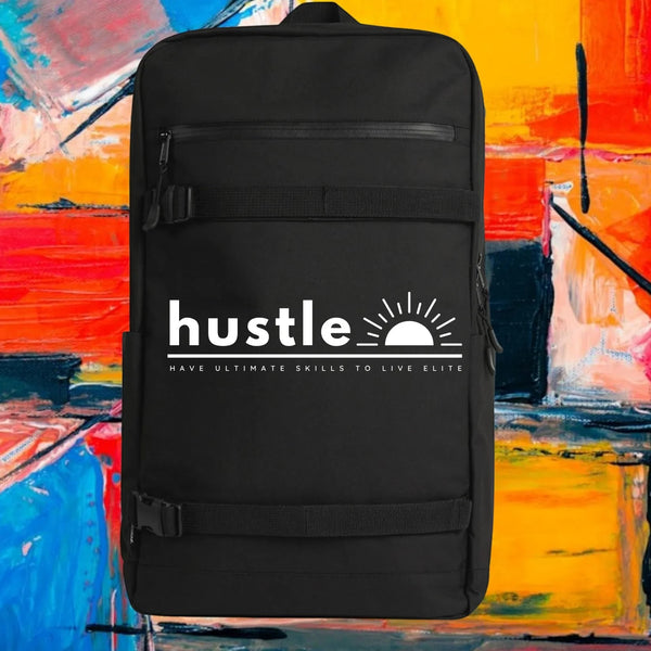 My Store H2Elite recycled black backpack with front board straps, YKK zip pocket, and white Hustle graphic print.