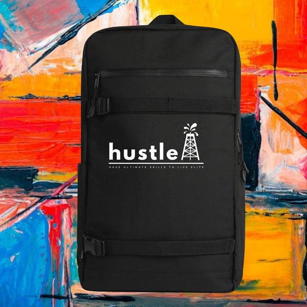 My Store H2Elite recycled black backpack with front board straps, YKK zip pocket, and white Hustle graphic print.
