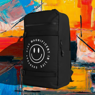 My Store H2Elite recycled strap backpack in black with a white smiley face graphic and utility board straps.