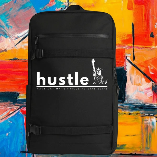 My Store H2Elite recycled black backpack with Hustle graphic, board straps, and YKK zip pocket for everyday utility.