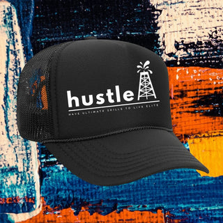 My Store black 5-panel trucker hat with white Hustle graphic, mesh back, and rope detail on a textured abstract background.