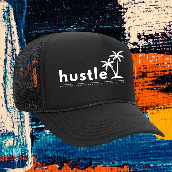 My Store black 5-panel trucker hat with mesh back, foam front, rope detail, and white Hustle palm tree graphic.
