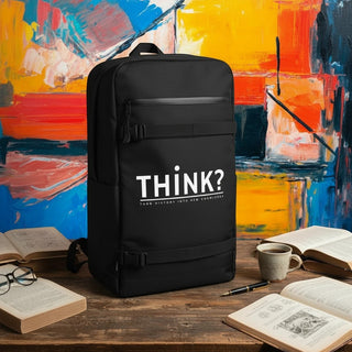My Store black recycled strap backpack with THINK? graphic, featuring utility straps on a wooden desk with books.