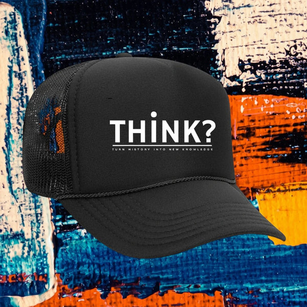My Store black 5-panel trucker hat with mesh back, rope detail, and white THINK? embroidery on foam front panel.